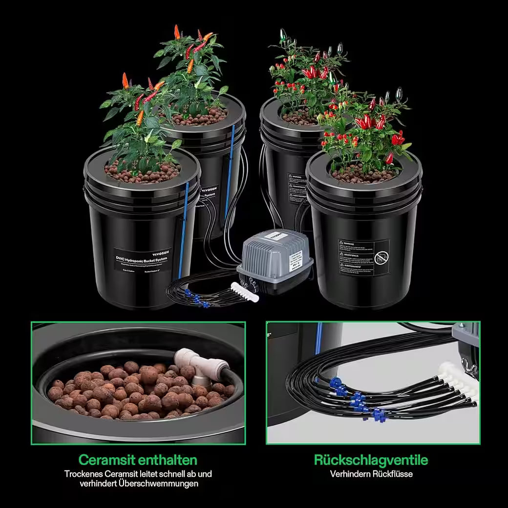 Vivosun 18,9L DWC Hydroponik-System Set (4 Eimer, Schwarz)