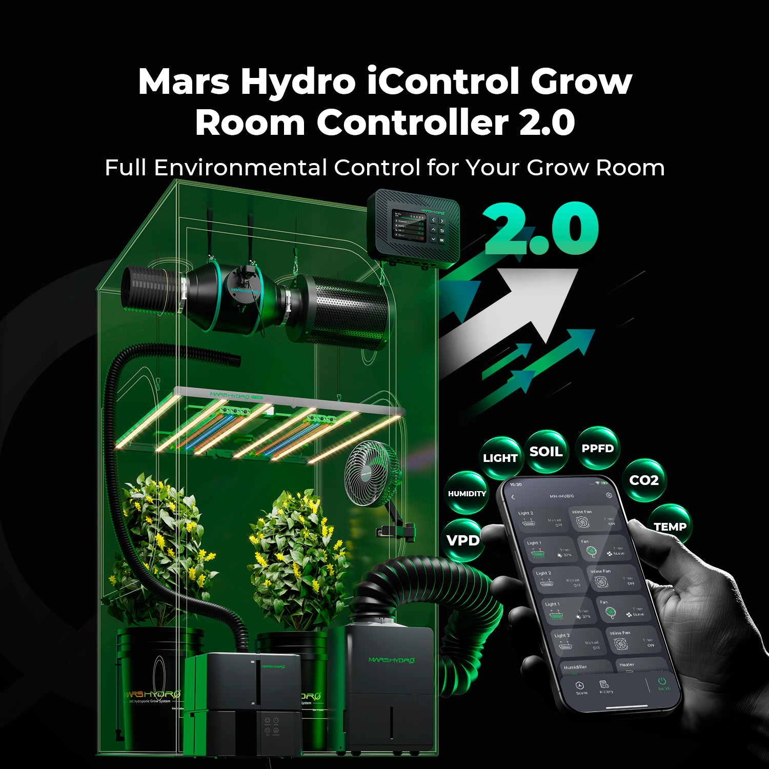 Mars Hydro FC1500-EVO LED-Wachstumslampe+80x80x160 cm intelligentes Komplett-Zuchtzelt-Set mit iControl-Controller