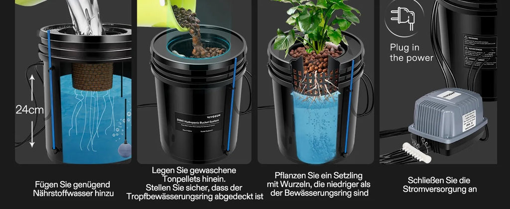 Vivosun 18,9L DWC Hydroponik-System Set (4 Eimer, Schwarz)