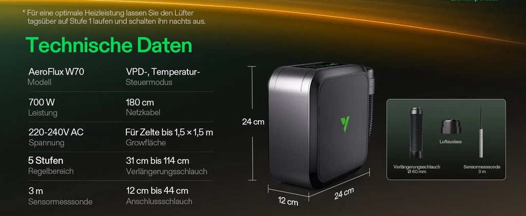 Vivosun AeroFlux Smart Growzelt-Heizung mit VPD-Steuerung, 700W PTC-Heizung mit 5 Leistungsstufen, App-Steuerung, Überhitzungs- & Kippschutz