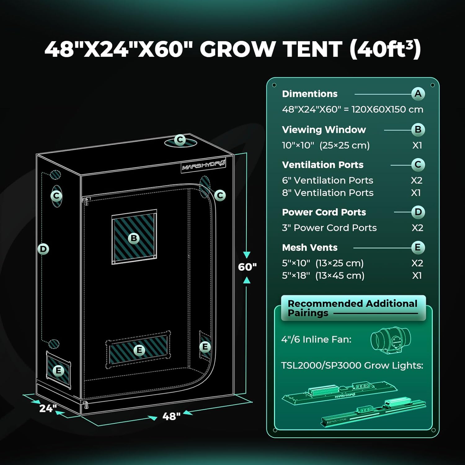 Mars Hydro 120x60x150cm Indoor Grow Tent Grow Box Growzelt