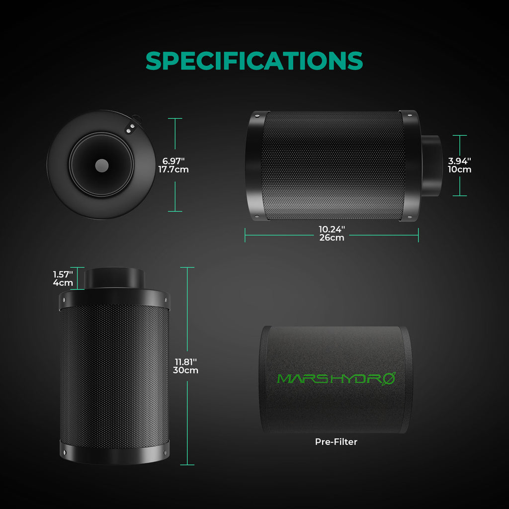 Mars Hydro 4″ (100 mm) nachfüllbarer Inline-Luft-Kohlefilter zur Geruchskontrolle