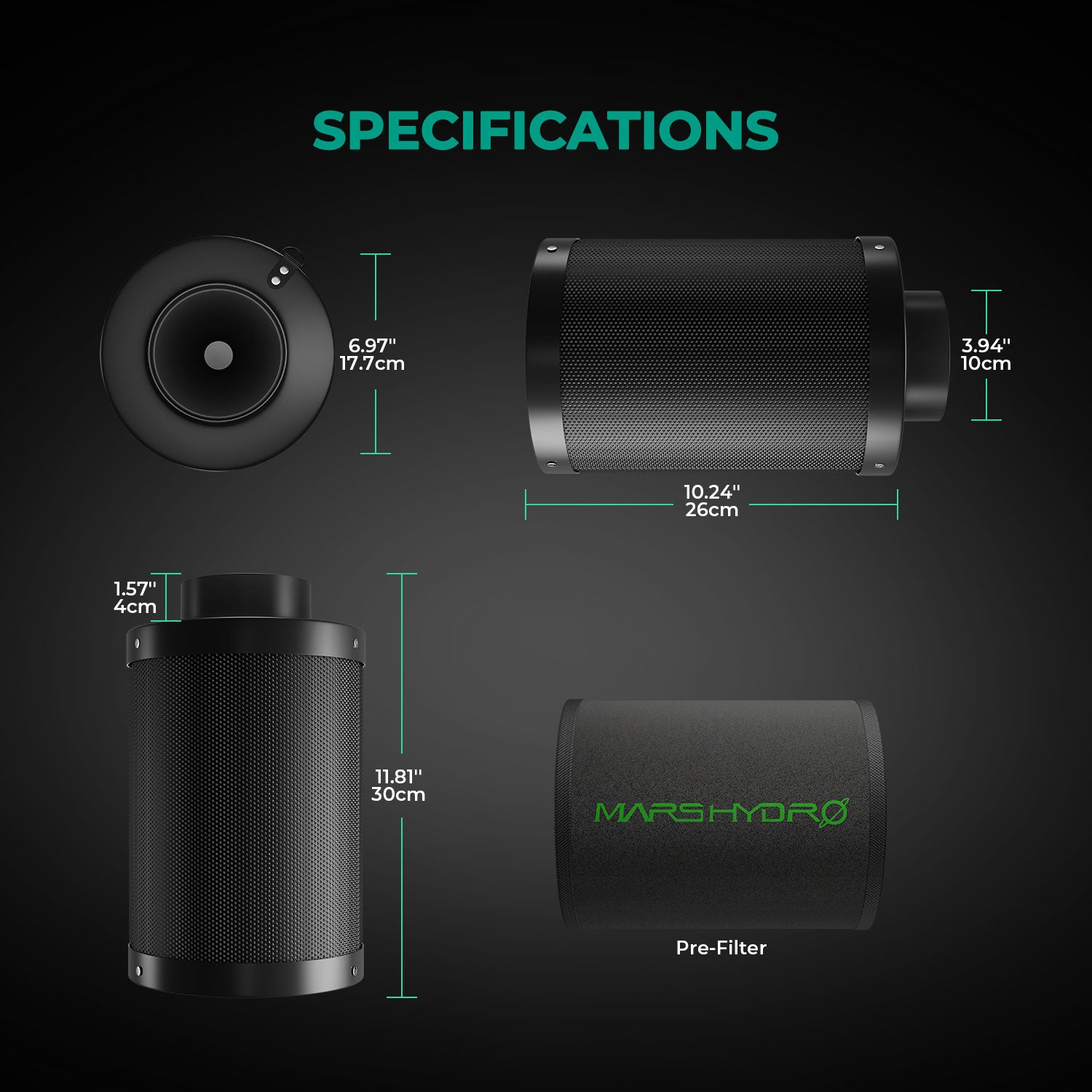 Mars Hydro 4″ (100 mm) nachfüllbarer Inline-Luft-Kohlefilter zur Geruchskontrolle