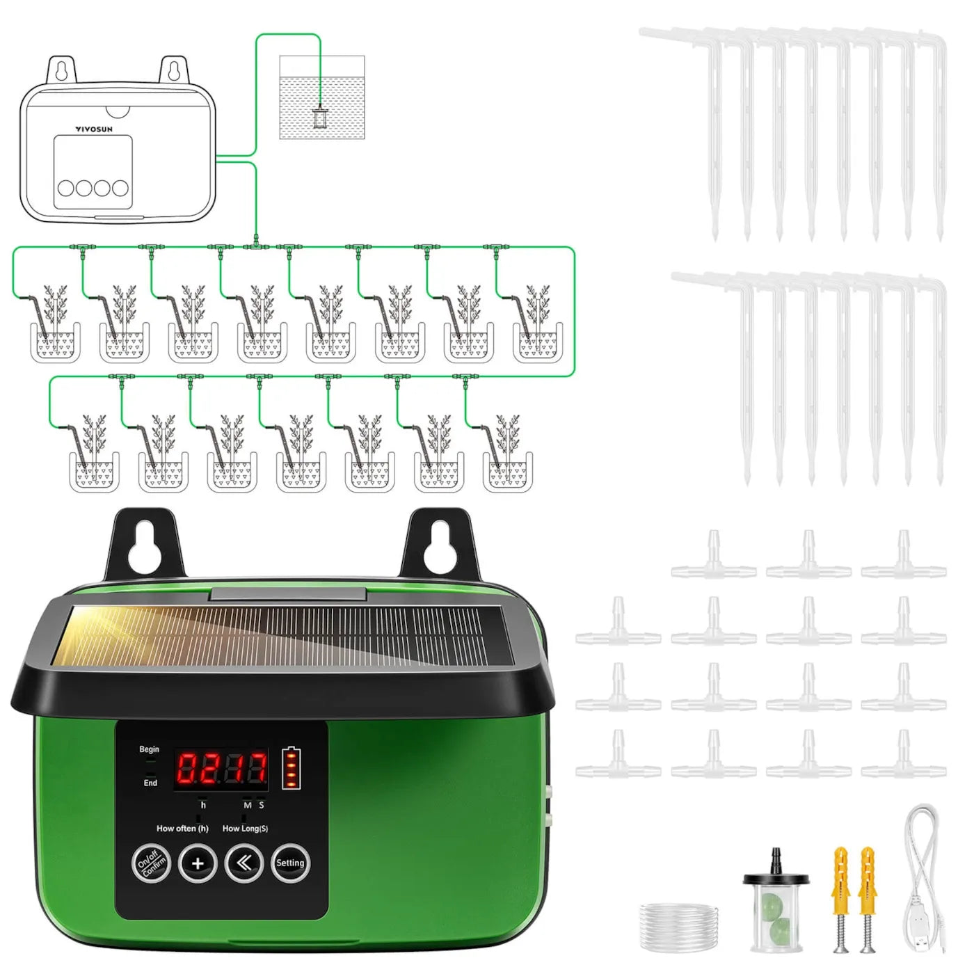 Vivosun Solar Automatisches Tropfbewässerungsset mit Timer, Bewässerungssystem für 15 Pflanzen im Garten