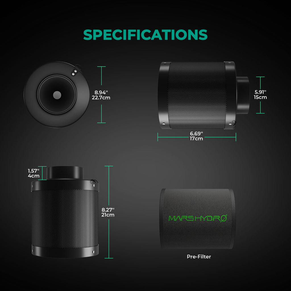 Mars Hydro 6″ (150 mm) nachfüllbarer Inline-Luft-Kohlefilter zur Geruchskontrolle