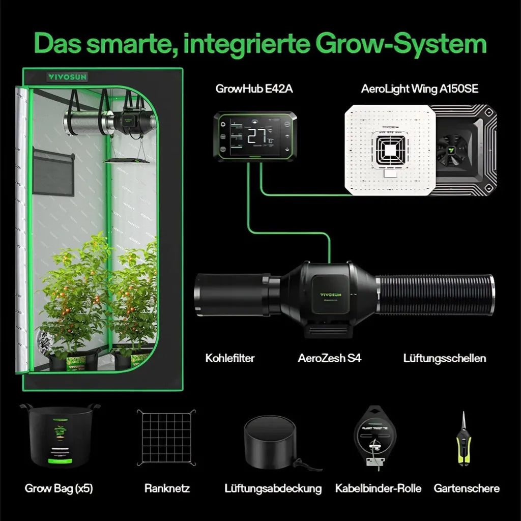 Vivosun Smart Growbox Komplettset GIY-SE-22 60 x 60 x 120 cm, 1-Pflanzen Komplettsystem mit WLAN-E42A-Controller, 100W AeroLight Wing SE LED Pflanzenlampe und 10cm AeroZesh S4 Abluftset
