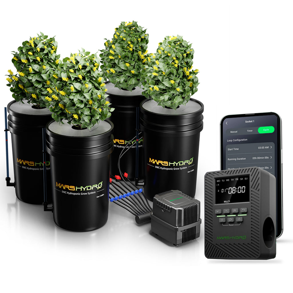 Intelligente Steuerung – Mars Hydro DWC (Deep Water Culture) 4 Eimer Hydroponisches Anbausystem-Kit mit iTime für intelligente Steuerung