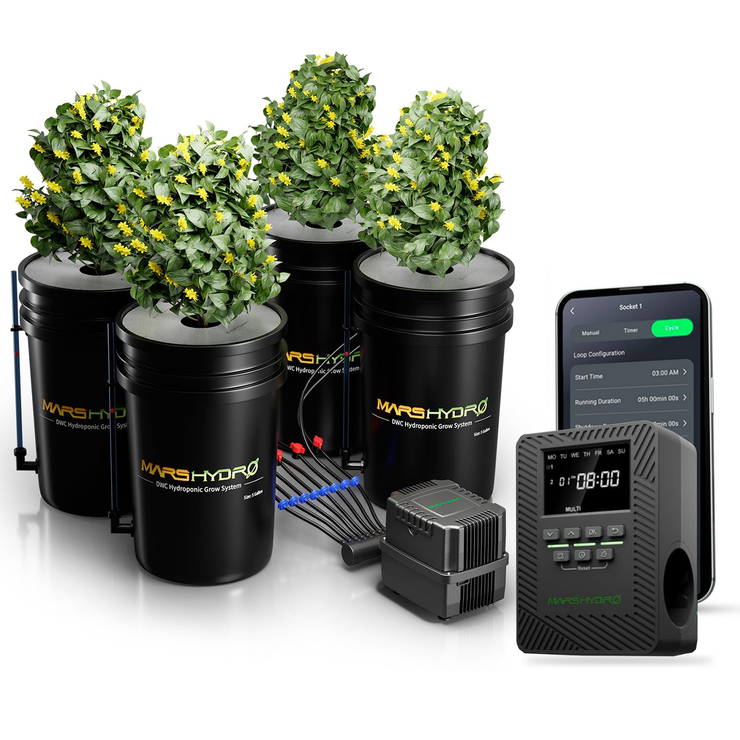 Intelligente Steuerung – Mars Hydro DWC (Deep Water Culture) 4 Eimer Hydroponisches Anbausystem-Kit mit iTime für intelligente Steuerung