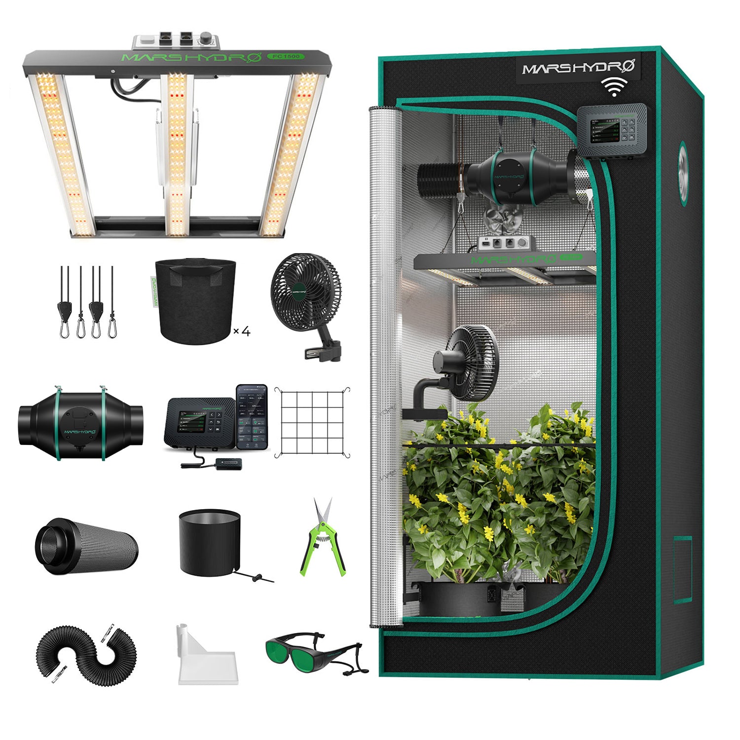 Mars Hydro FC1500-EVO LED-Wachstumslampe+80x80x160 cm intelligentes Komplett-Zuchtzelt-Set mit iControl-Controller
