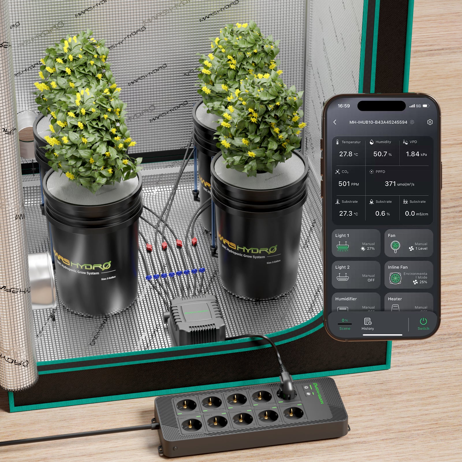Intelligente Steuerung – 2025 Neue Mars Hydro DWC Hydroponic Growing System Kits, 5-Gallonen-Tiefwasserkultur, 4-Eimer-Setup und iHub Pro Power Strip Kit