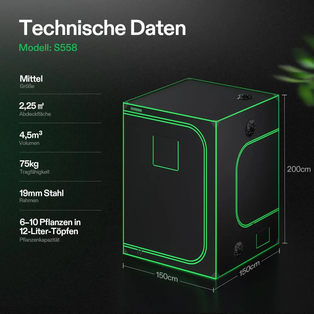Smart Growbox Komplettset GIY-SGS-55 150 x 150 x 200 cm,  für 6 Pflanzen, mit WiFi E42A Controller, 3 x 200W AeroLight Wing SE LED Pflanzenlampe und 15 cm AeroZesh G6 Abluftset