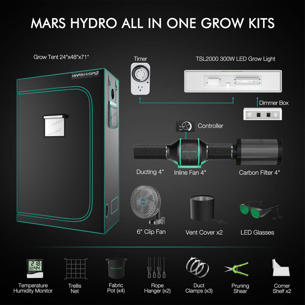Mars Hydro TSL 2000 Growbox Komplettset 300W LED Pflanzenlampe+120x60x180cm Growbox +4“ Belüftungssystem