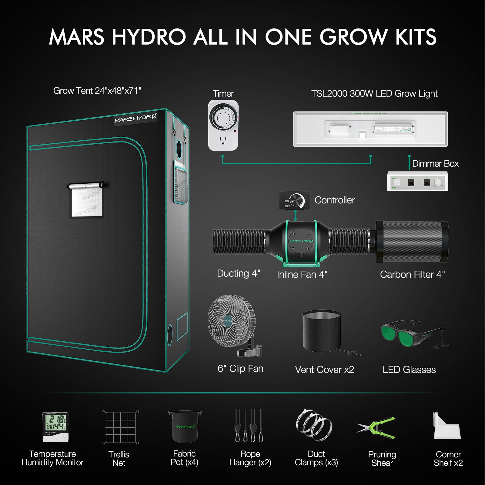 Mars Hydro TSL 2000 Growbox Komplettset 300W LED Pflanzenlampe+120x60x180cm Growbox +4“ Belüftungssystem