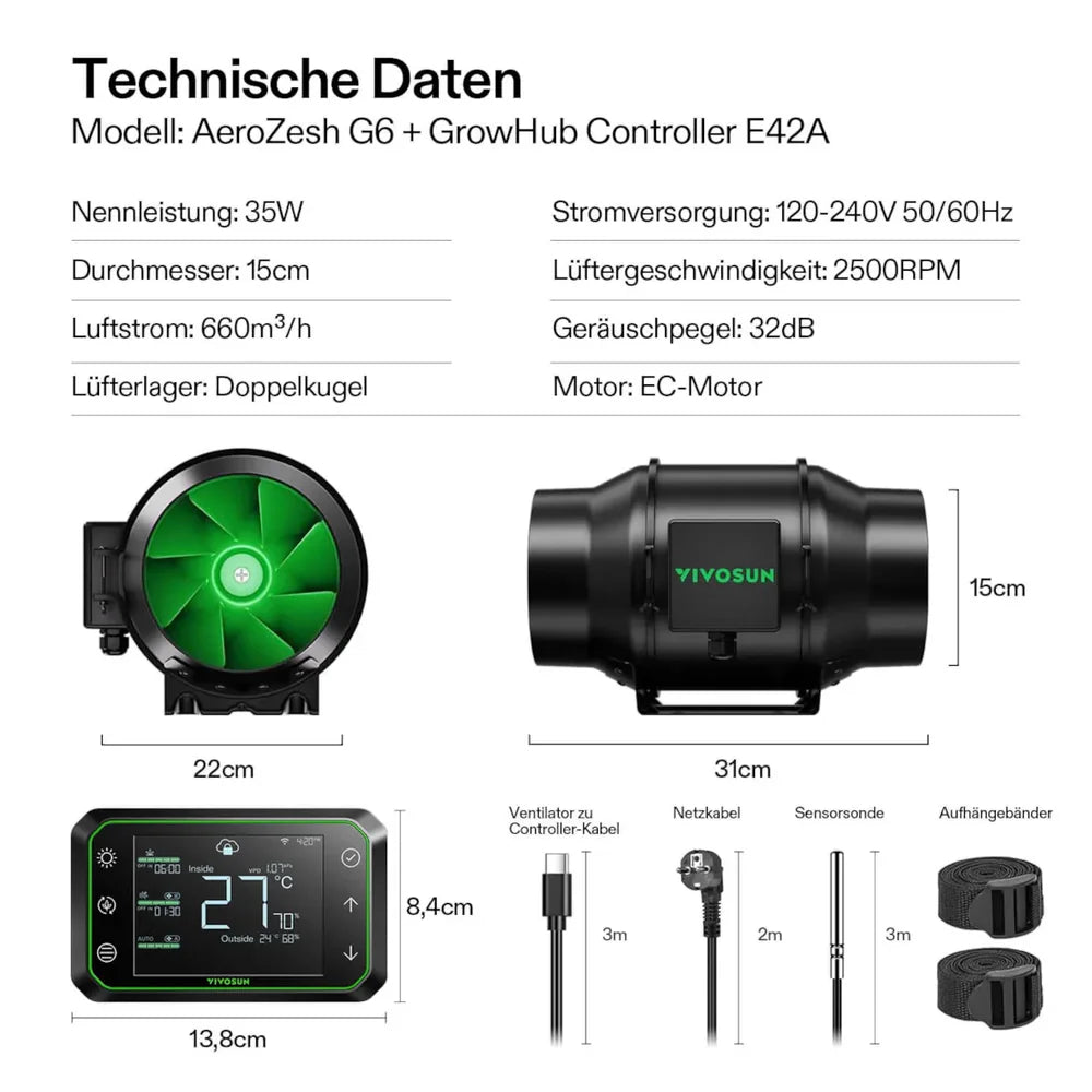 Smart Growbox Komplettset GIY-SGS-55 150 x 150 x 200 cm,  für 6 Pflanzen, mit WiFi E42A Controller, 3 x 200W AeroLight Wing SE LED Pflanzenlampe und 15 cm AeroZesh G6 Abluftset