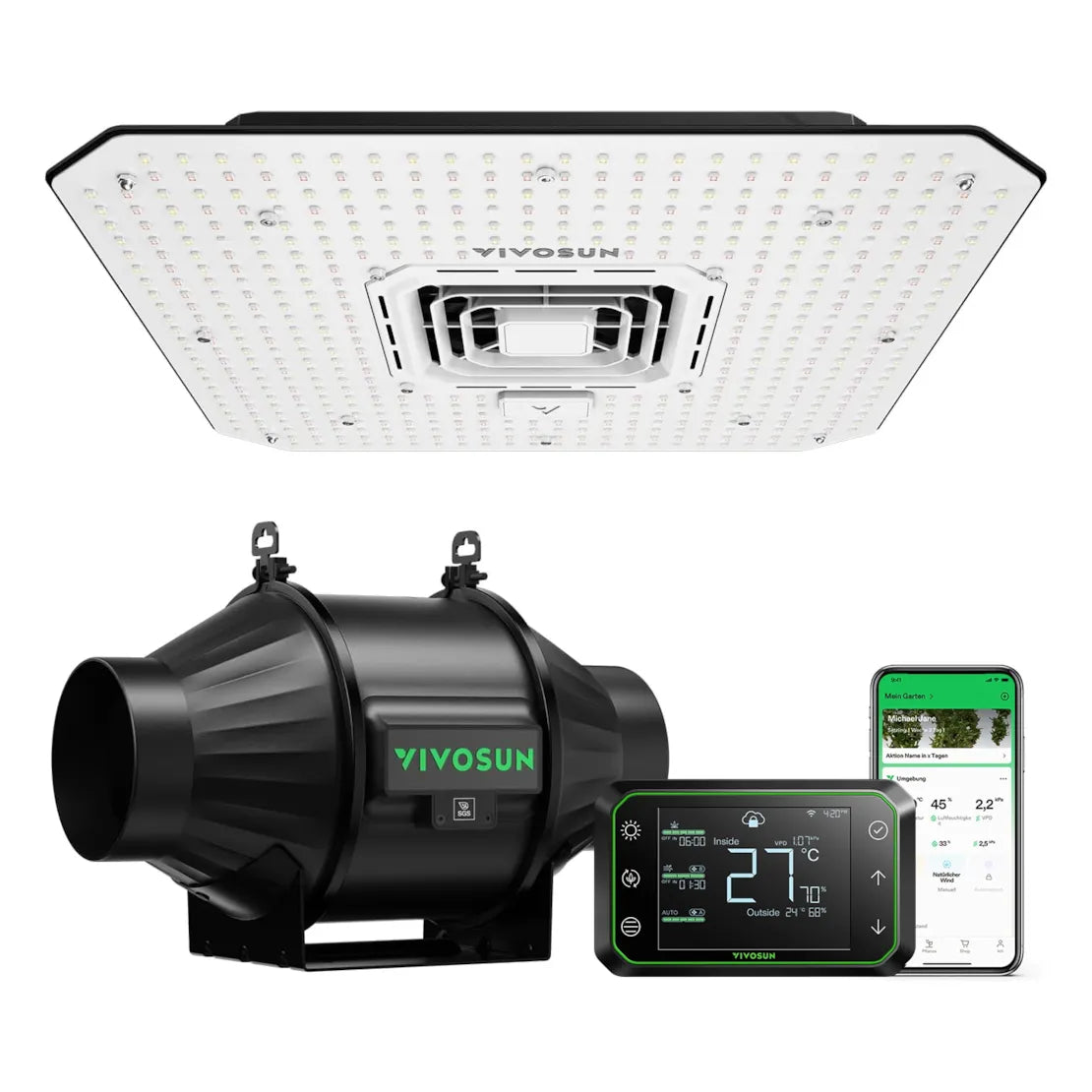 Vivosun AeroLight A100SE 100W LED-Pflanzenlampe mit AeroZesh T4 10 cm Rohrventilator und GrowHub E42A Controller