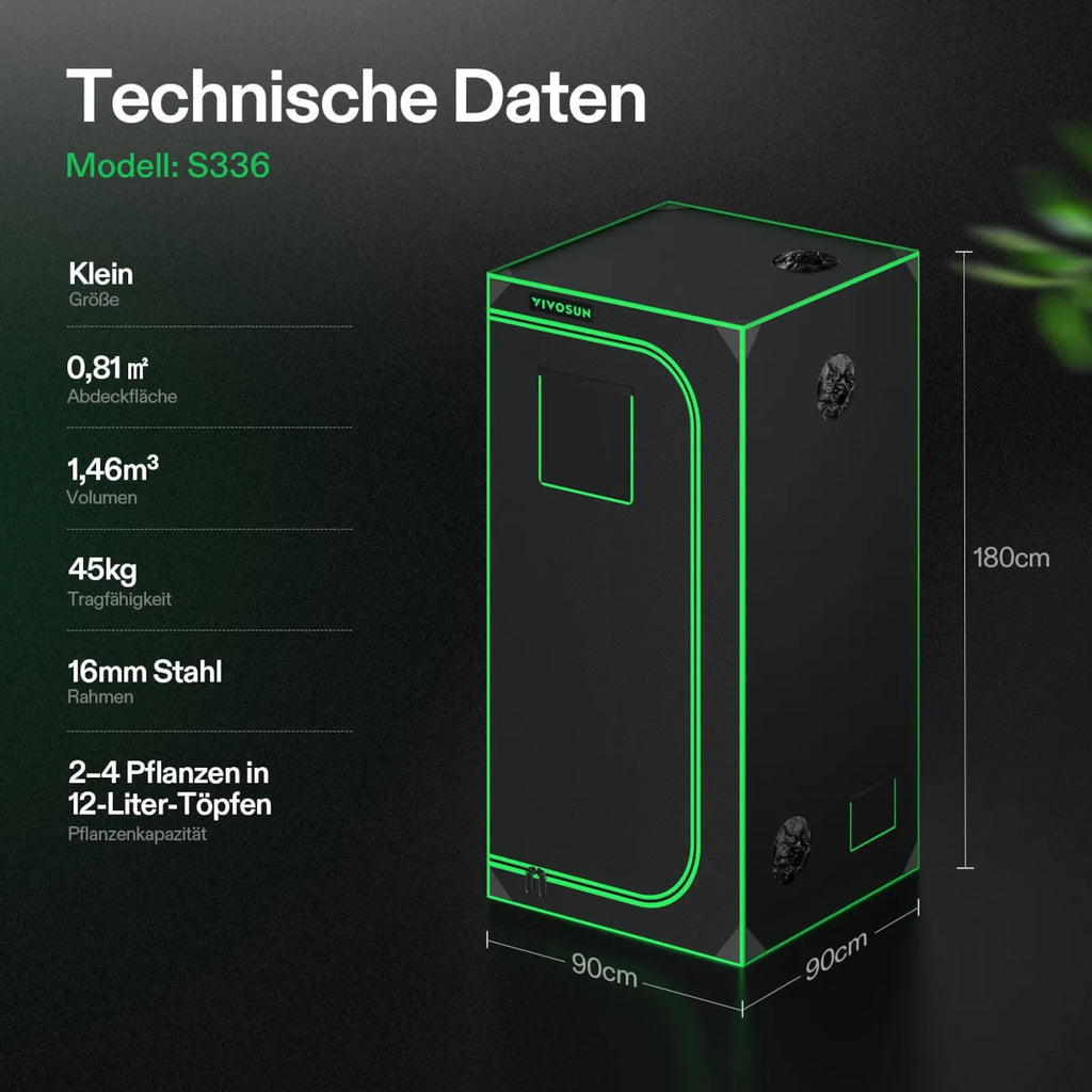 Vivosun Growbox 90x90x180cm S336, für 2-4 Pflanzen, 600D lichtdichtes Oxford-Gewebe, für den Indoor-Pflanzenanbau