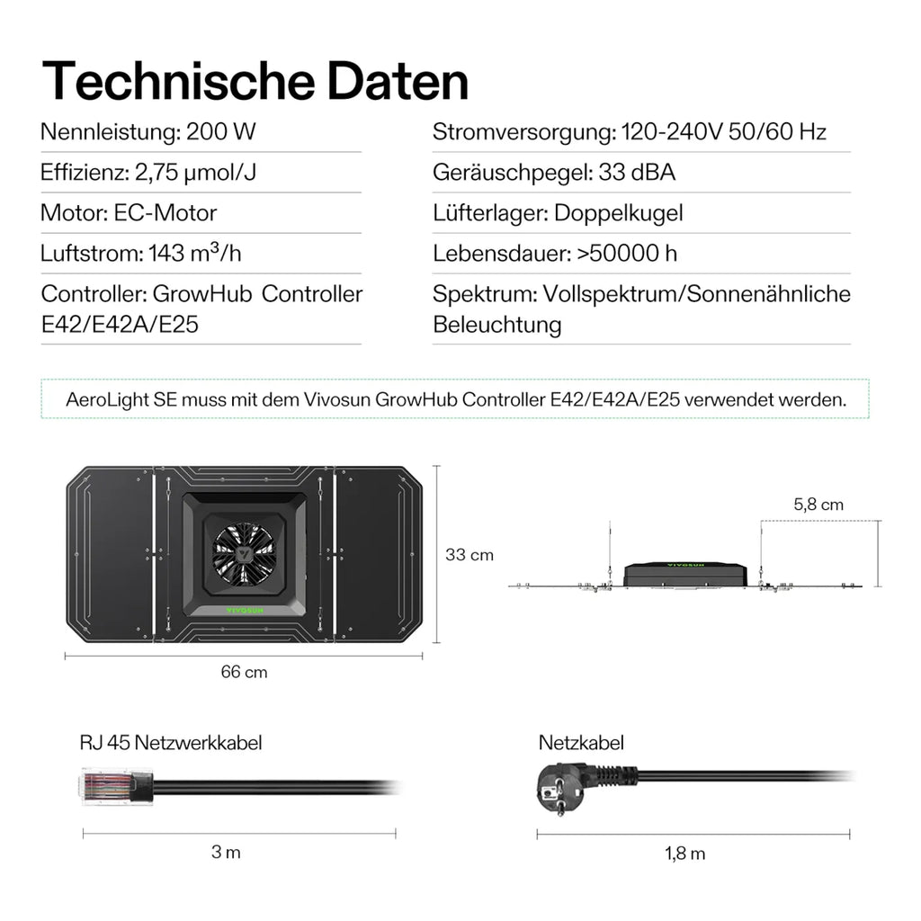 Vivosun AeroLight A200SE 200W LED-Pflanzenlampe mit AeroZesh T6 15 cm Rohrventilator und GrowHub E42A Controller