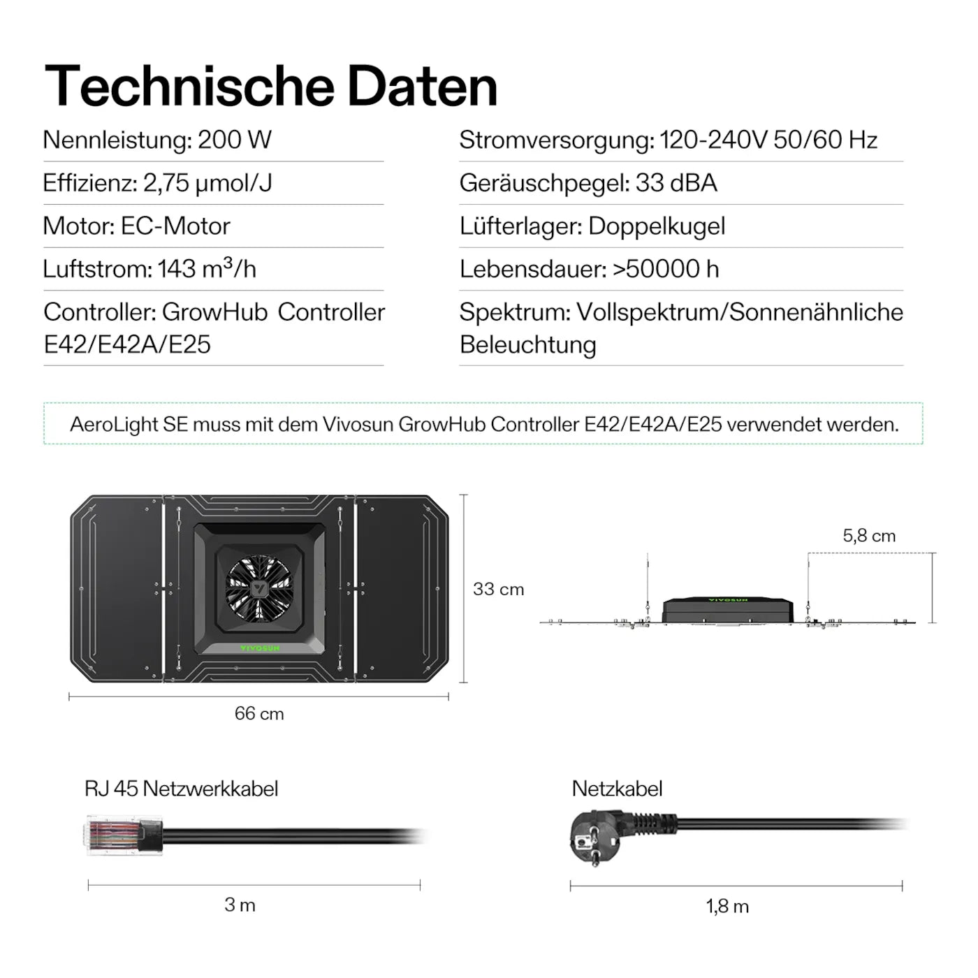 Vivosun AeroLight A200SE 200W LED-Pflanzenlampe mit AeroZesh T6 15 cm Rohrventilator und GrowHub E42A Controller