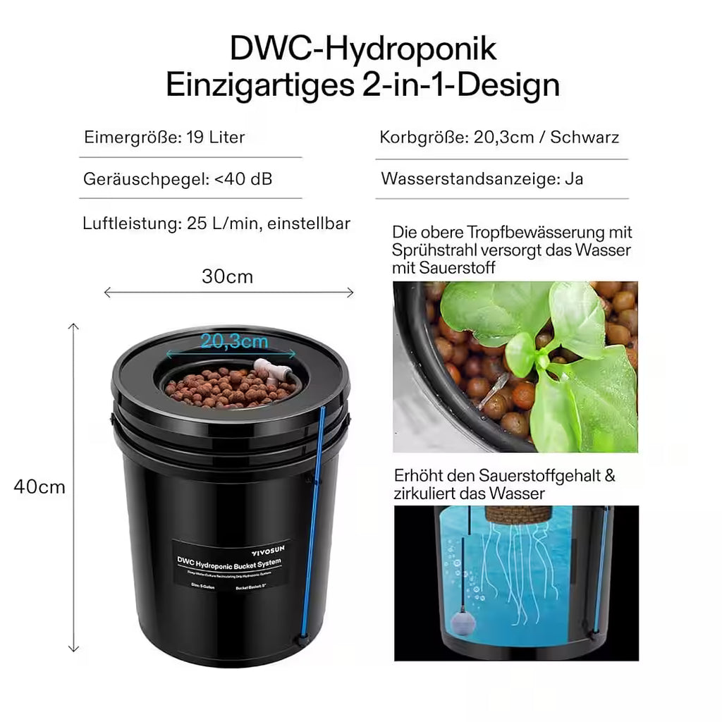 Vivosun 18,9L DWC Hydroponik-System Set (4 Eimer, Schwarz)