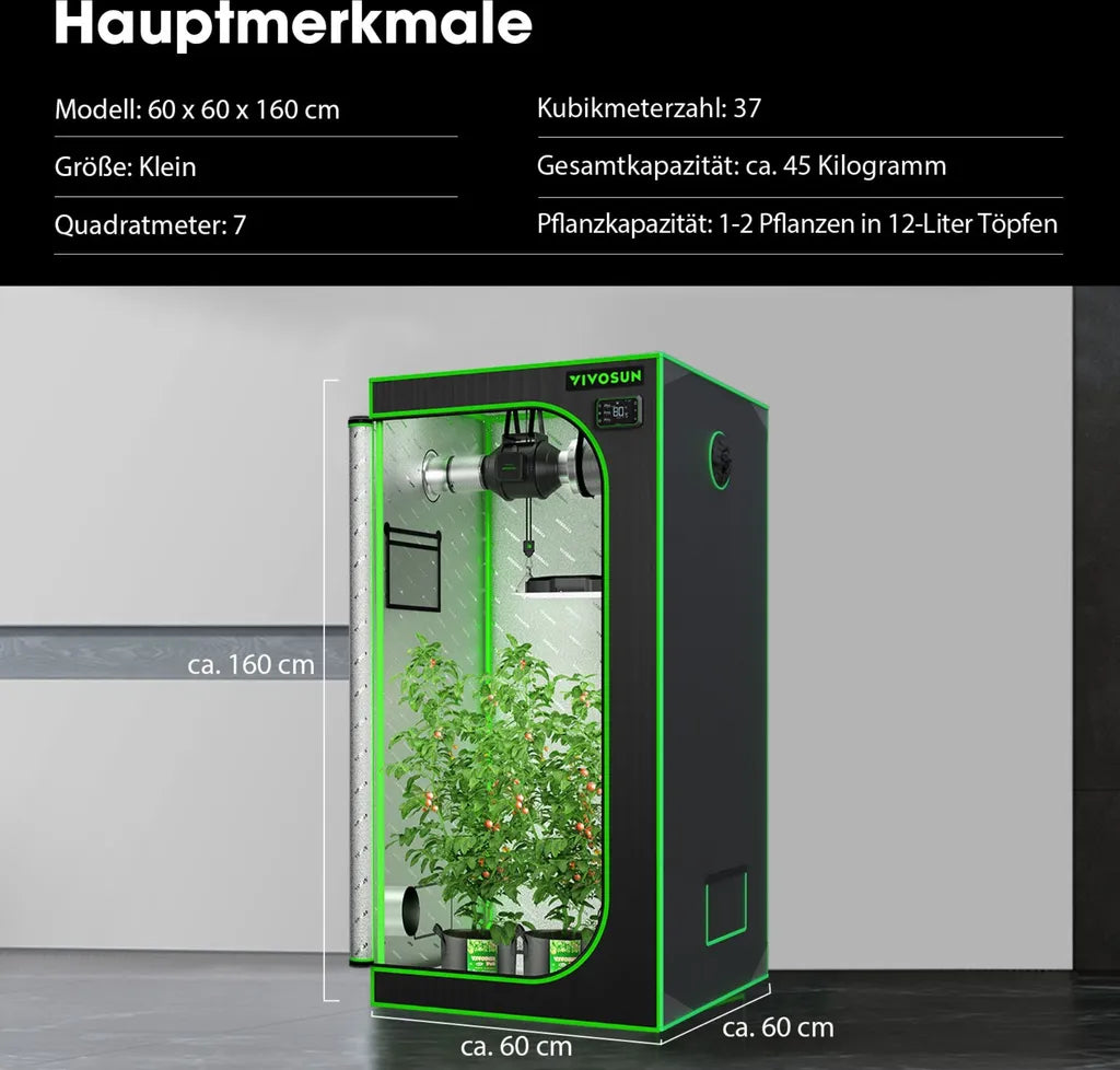Vivosun Smart Growbox Komplettset GIY-SE-22 60 x 60 x 120 cm, 1-Pflanzen Komplettsystem mit WLAN-E42A-Controller, 100W AeroLight Wing SE LED Pflanzenlampe und 10cm AeroZesh S4 Abluftset