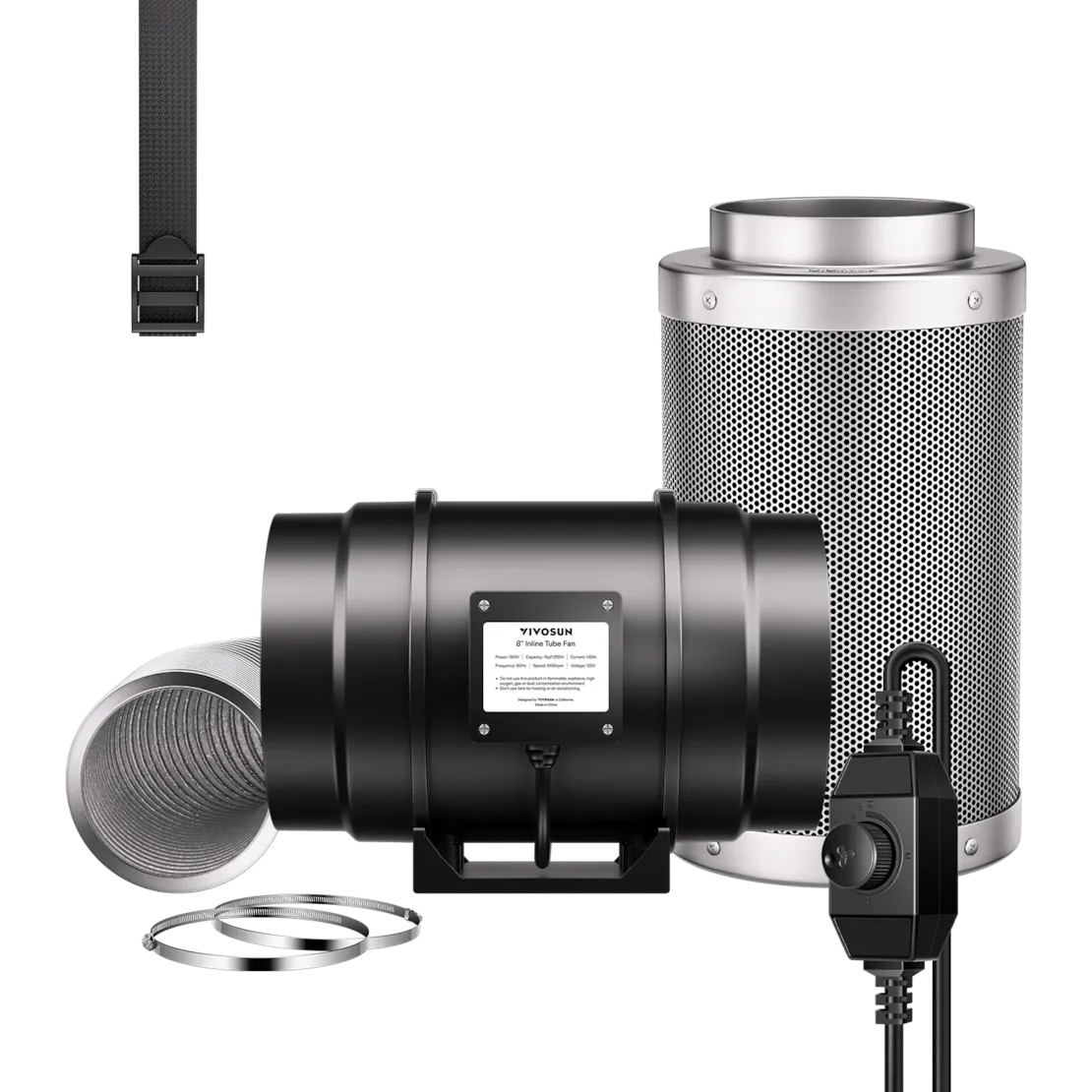 Vivosun Abluftset R8 20 cm, Rohrventilator R8 mit variablem Drehzahlregler, Kohlefilter und Kanalkombination