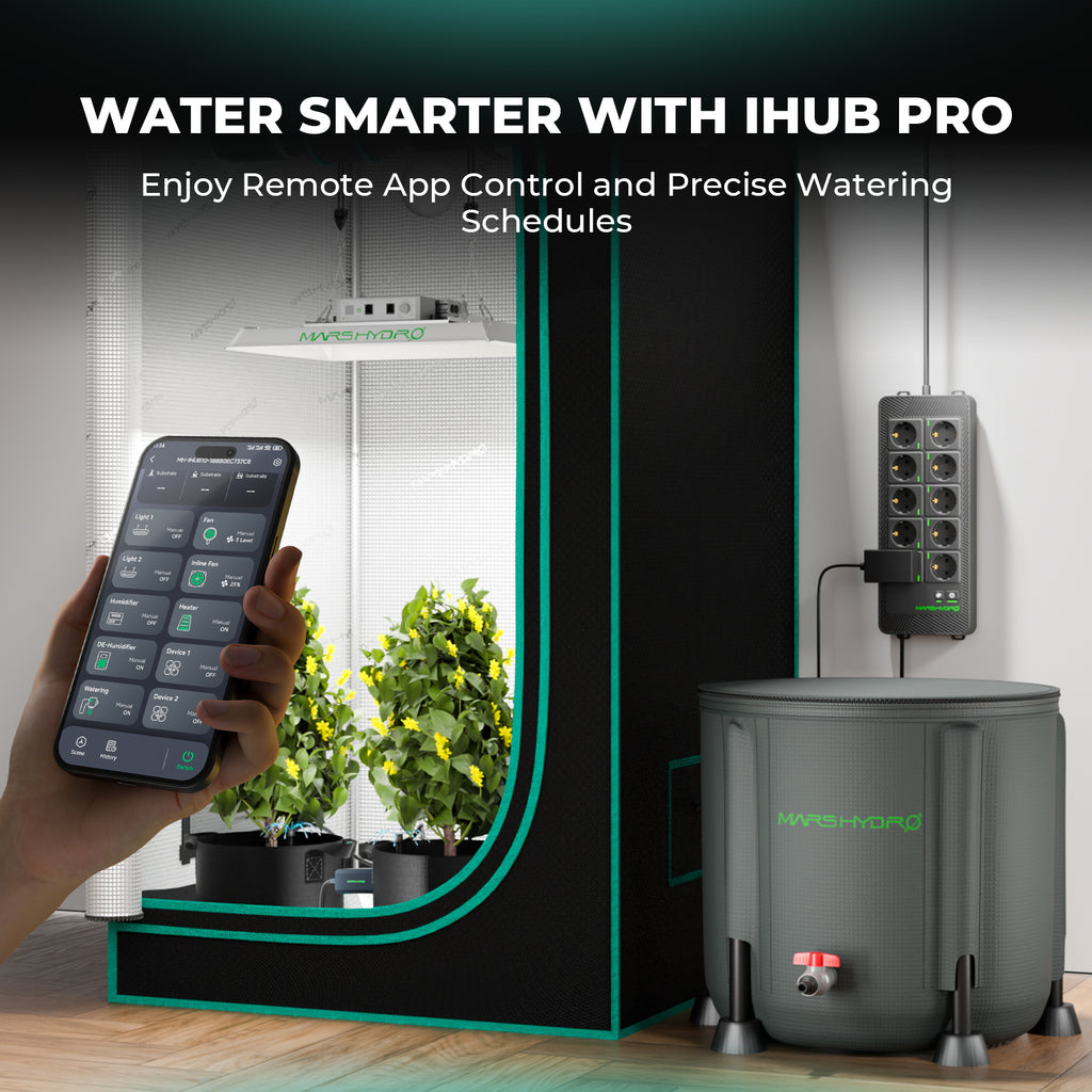 [Intelligente Bewässerungssteuerung] Tropfbewässerungssystem Mars Hydro 50L mit faltbarem Eimer und intelligenter Steckdosenleiste iHub Pro