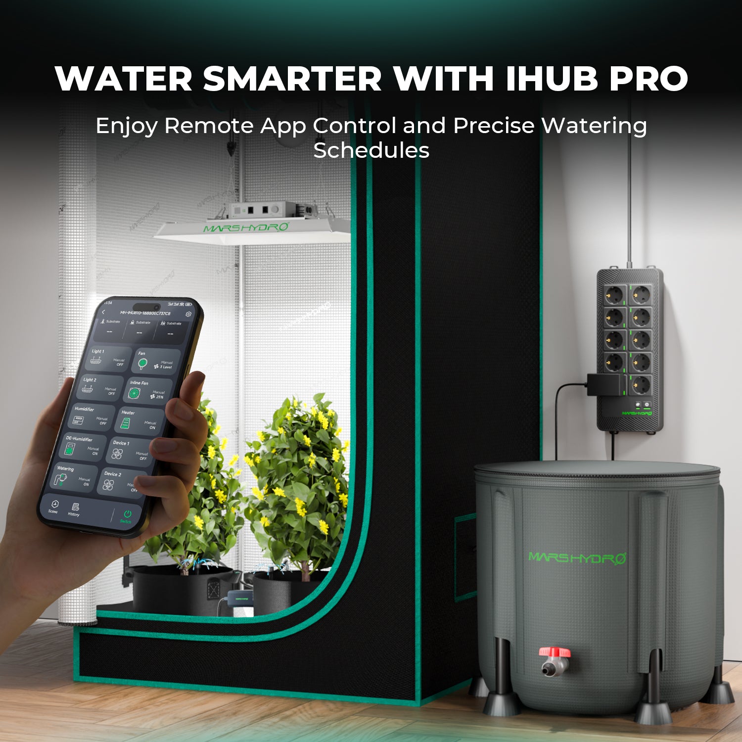 [Intelligente Bewässerungssteuerung] Tropfbewässerungssystem Mars Hydro 50L mit faltbarem Eimer und intelligenter Steckdosenleiste iHub Pro