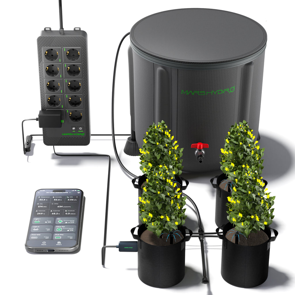 [Intelligente Bewässerungssteuerung] Tropfbewässerungssystem Mars Hydro 50L mit faltbarem Eimer und intelligenter Steckdosenleiste iHub Pro