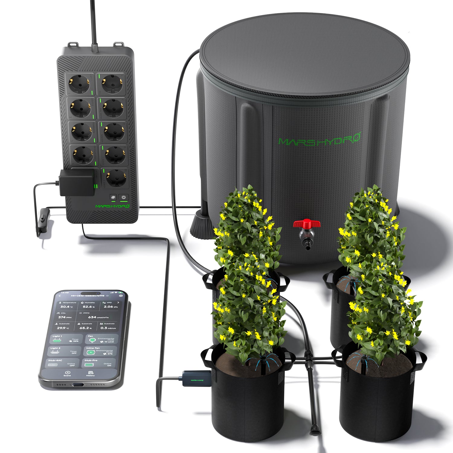 [Intelligente Bewässerungssteuerung] Tropfbewässerungssystem Mars Hydro 50L mit faltbarem Eimer und intelligenter Steckdosenleiste iHub Pro