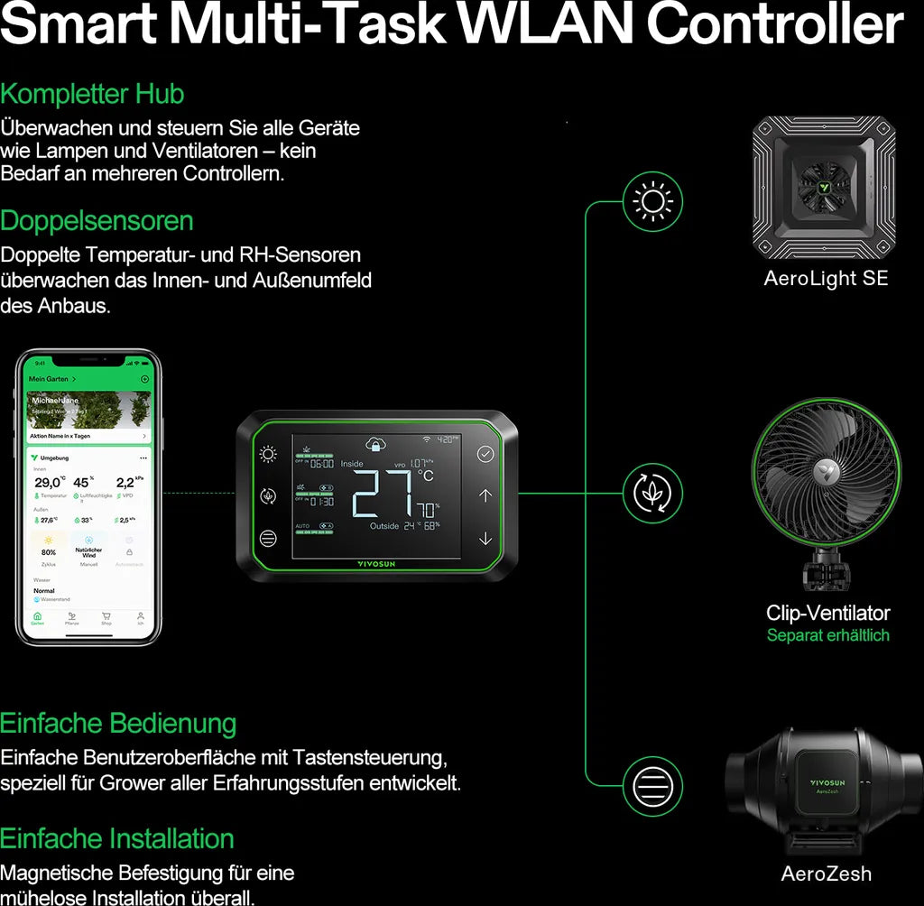 Vivosun Smart Growbox Komplettset GIY-SE-22 60 x 60 x 120 cm, 1-Pflanzen Komplettsystem mit WLAN-E42A-Controller, 100W AeroLight Wing SE LED Pflanzenlampe und 10cm AeroZesh S4 Abluftset