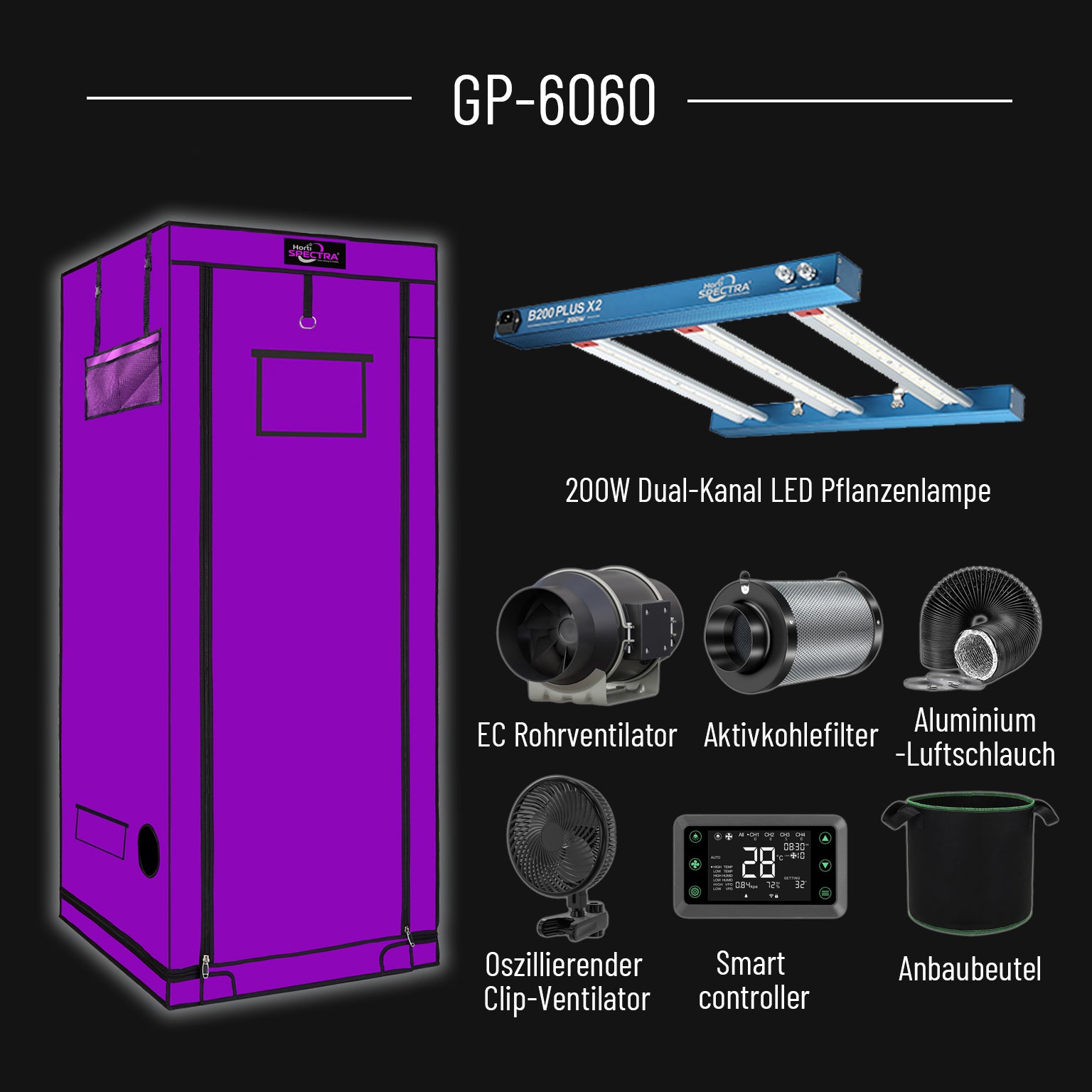 Horti Spectra GP-6060 Grow-Set mit 60×60 cm Grow-Zelt und 200W LED-Pflanzenlampe