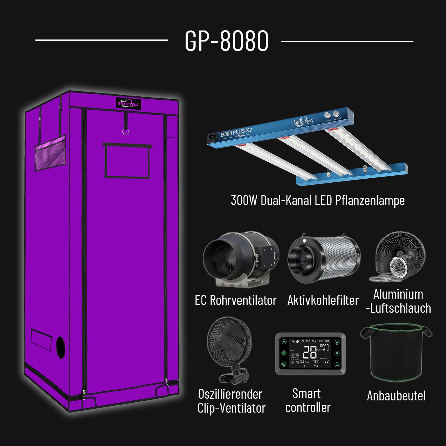 Horti Spectra GP-8080 Grow-Set mit 80×80 cm Grow-Zelt und 300W LED-Pflanzenlampe