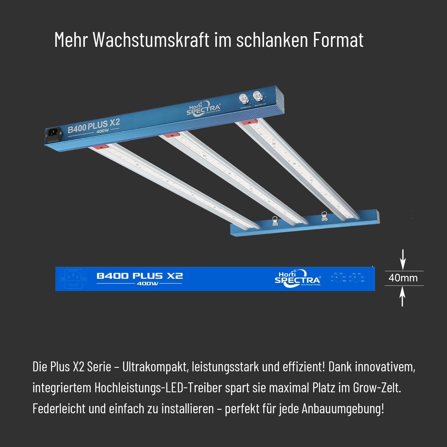 Horti Spectra B400 Plus X2 400W LED-Pflanzenlampe mit zwei Lichtkanälen für alle Wachstumsphasen