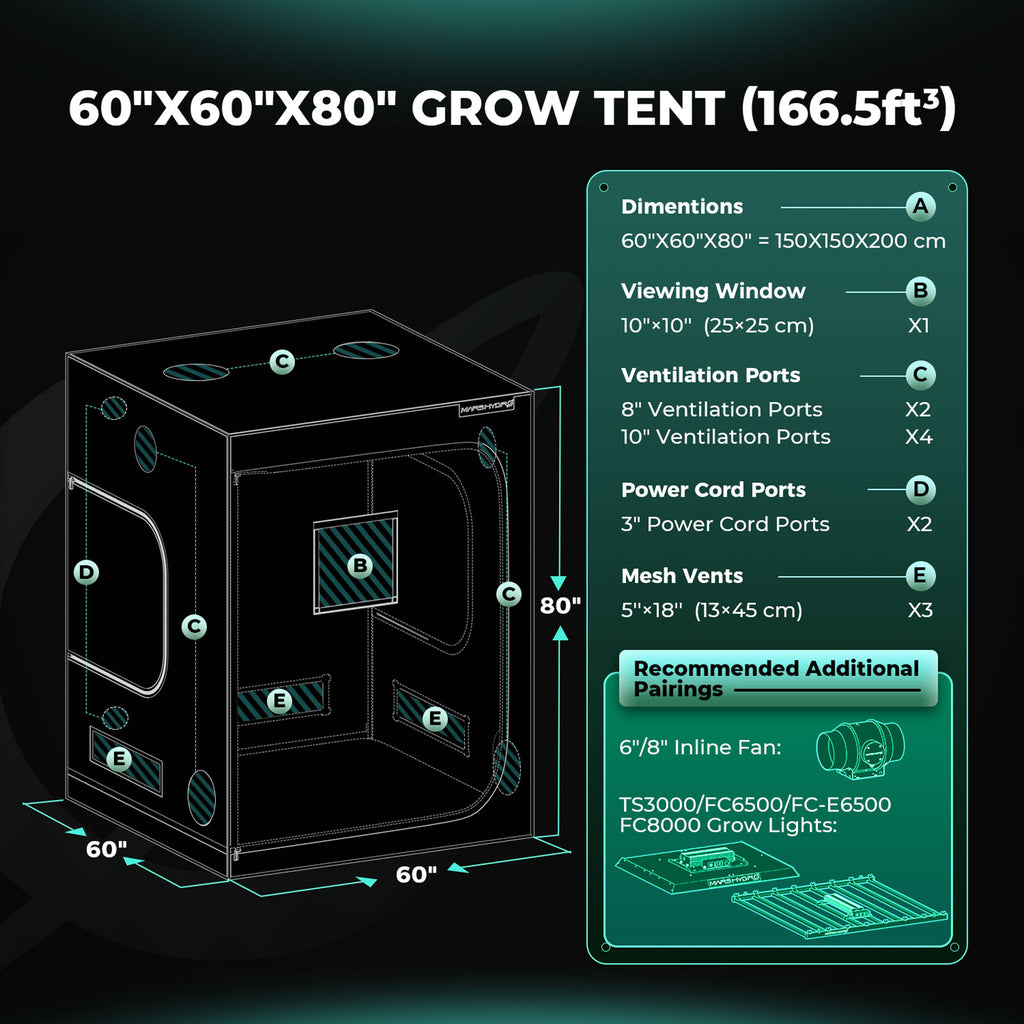 Mars Hydro 150x150x200cm Tragbares Growzelt Silber Mylar Hydroponic Dunkelgrün Zimmer Growbox Growzelt