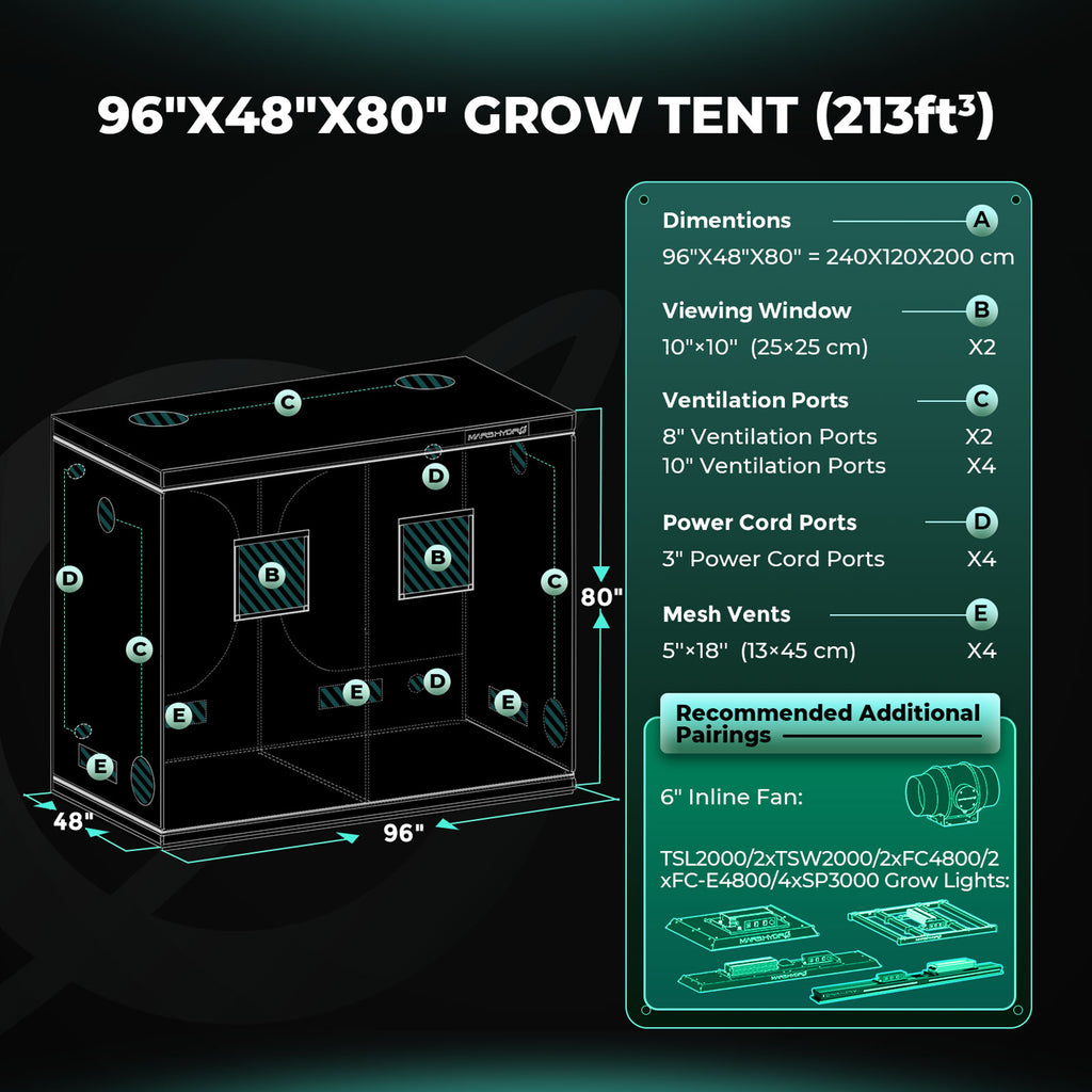 Mars Hydro 240x120x200cm Indoor Growzelt Kit Dark Room Hydroponic 1680D Mylar Ungiftig Growbox Growzelt
