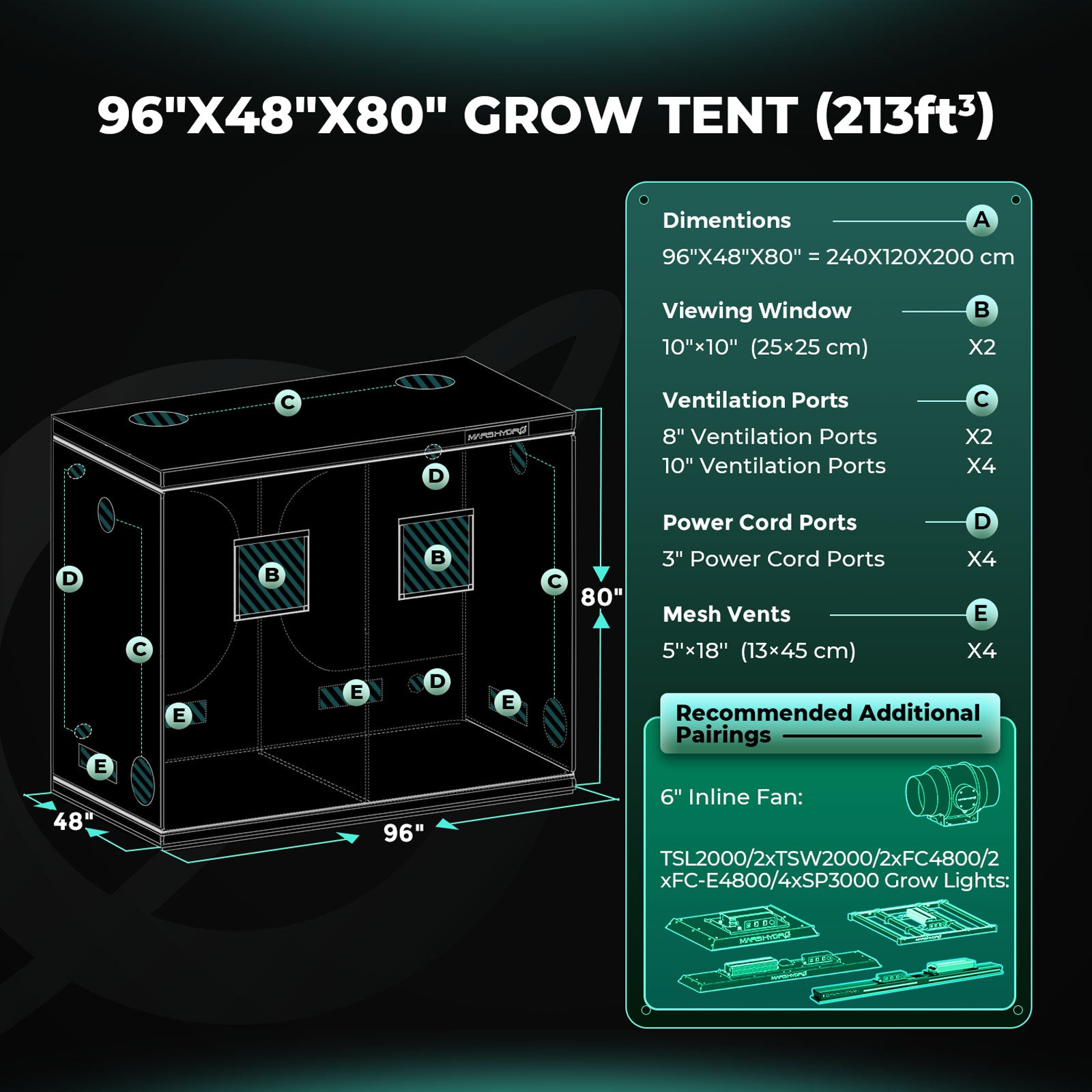 Mars Hydro 240x120x200cm Indoor Growzelt Kit Dark Room Hydroponic 1680D Mylar Ungiftig Growbox Growzelt