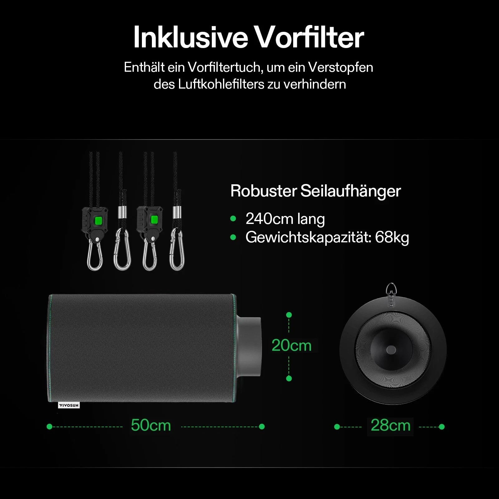 Vivosun 20 cm Aktivkohlefilter zur Geruchskontrolle, Schwarz