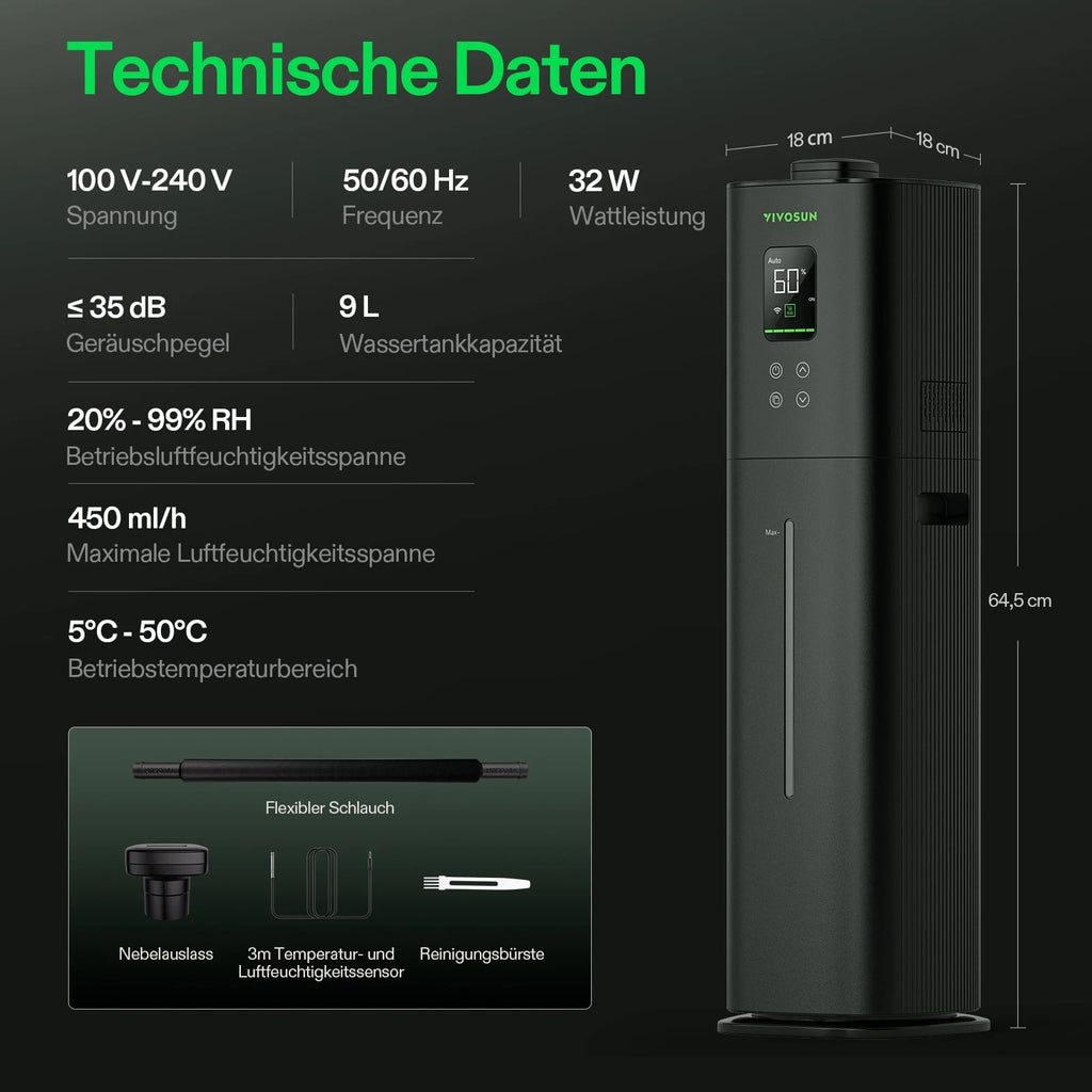Vivosun AeroStream H09 Smarter Luftbefeuchter 9L mit Temperatur- und Luftfeuchtigkeitssonde