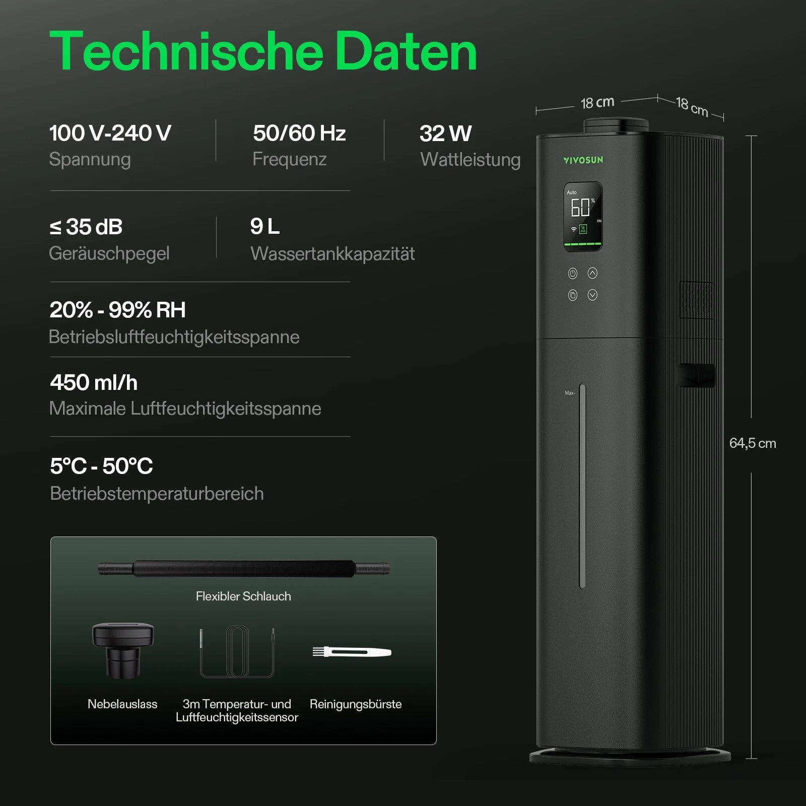 Vivosun AeroStream H09 Smarter Luftbefeuchter 9L mit Temperatur- und Luftfeuchtigkeitssonde