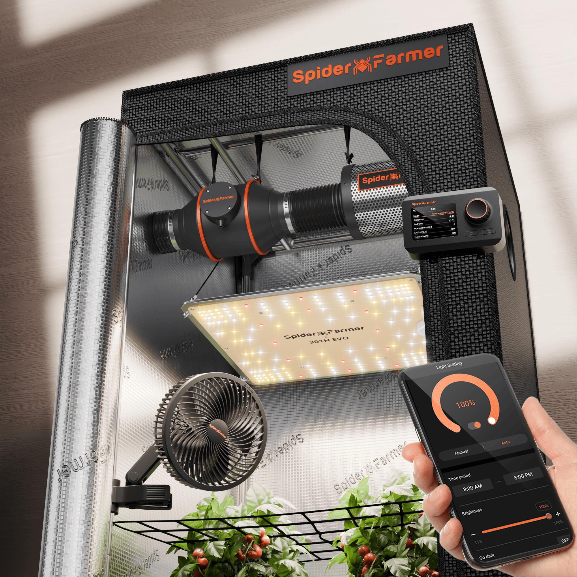 Spider Farmer® 70x70x160cm Komplettes Growzelt-Set (neueste Version 2025) | SF1000 301H EVO Vollspektrum-LED-Pflanzenlampe | 15 cm Clip-Ventilator | 10 cm Belüftungssystem mit GGS-App-Steuerung