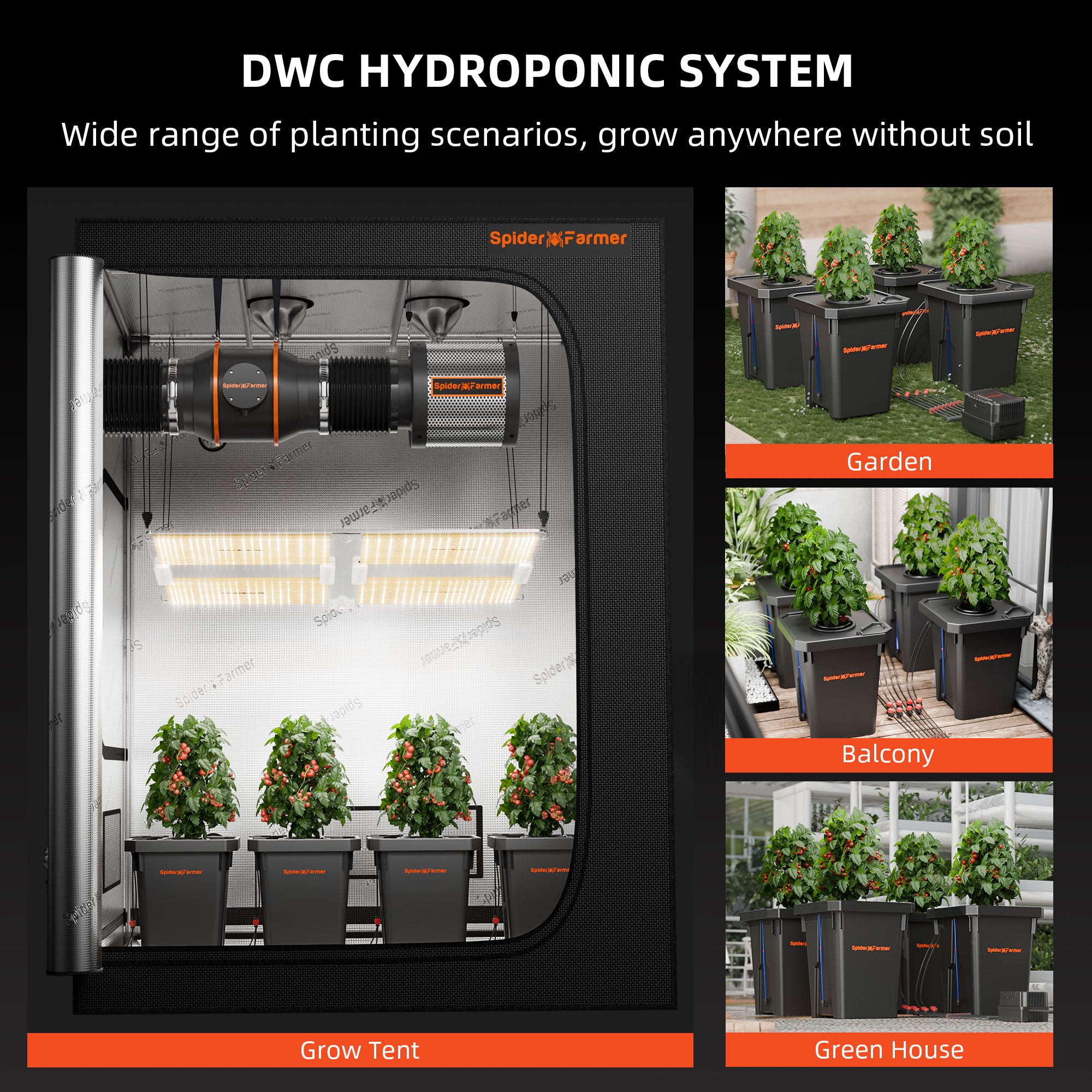 Spider Farmer DWC Hydroponik-System mit Top-Drip-Kit, 7-Gallonen-Tiefwasserkultur-System, 4-Eimer-Set und GGS AC10-Steckdosenleiste für intelligente Bewässerungssteuerung vor.