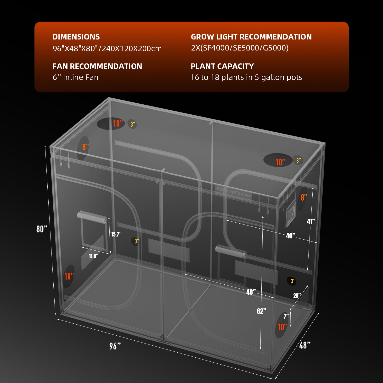 Verbessertes Spider Farmer 240x120x200cm Indoor Grow Zelt 1680D Hydroponischer Pflanzenraum für optimales Pflanzenwachstum und Klimakontrolle Growbox