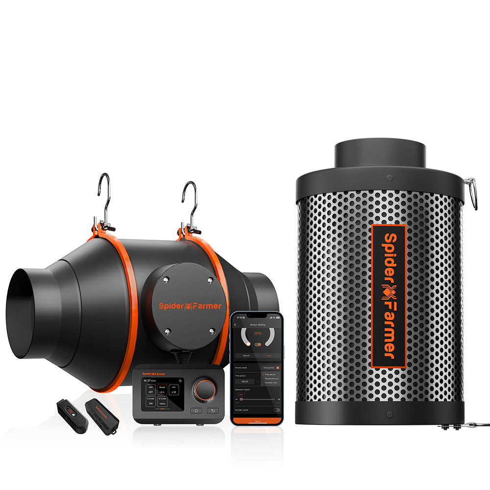Bundle-Angebot: Spider Farmer 4 Inline-Ventilator 205CFM mit GGS Controller-Kits + 4-Zoll-Kohlefilter für Growzelte (Rohrventilator + Abluftventilator)