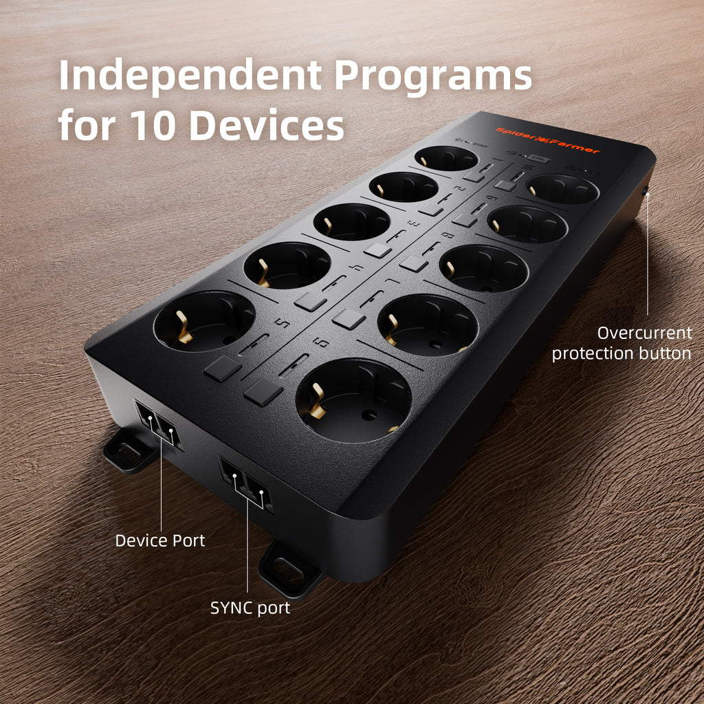 Spider Farmer DWC Hydroponik-System mit Top-Drip-Kit, 7-Gallonen-Tiefwasserkultur-System, 4-Eimer-Set und GGS AC10-Steckdosenleiste für intelligente Bewässerungssteuerung vor.