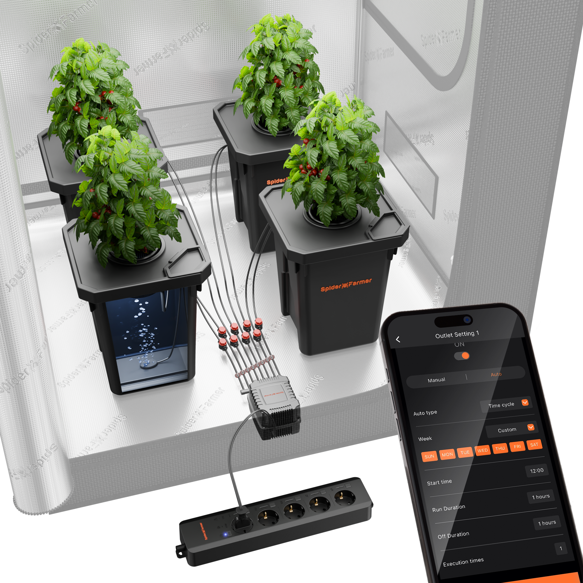 Spider Farmer DWC Hydroponik-System mit Top-Drip-Kit, 7-Gallonen-Tiefwasserkultur-System, 4-Eimer-Set und GGS AC5-Steckdosenleiste für intelligente Bewässerungssteuerung