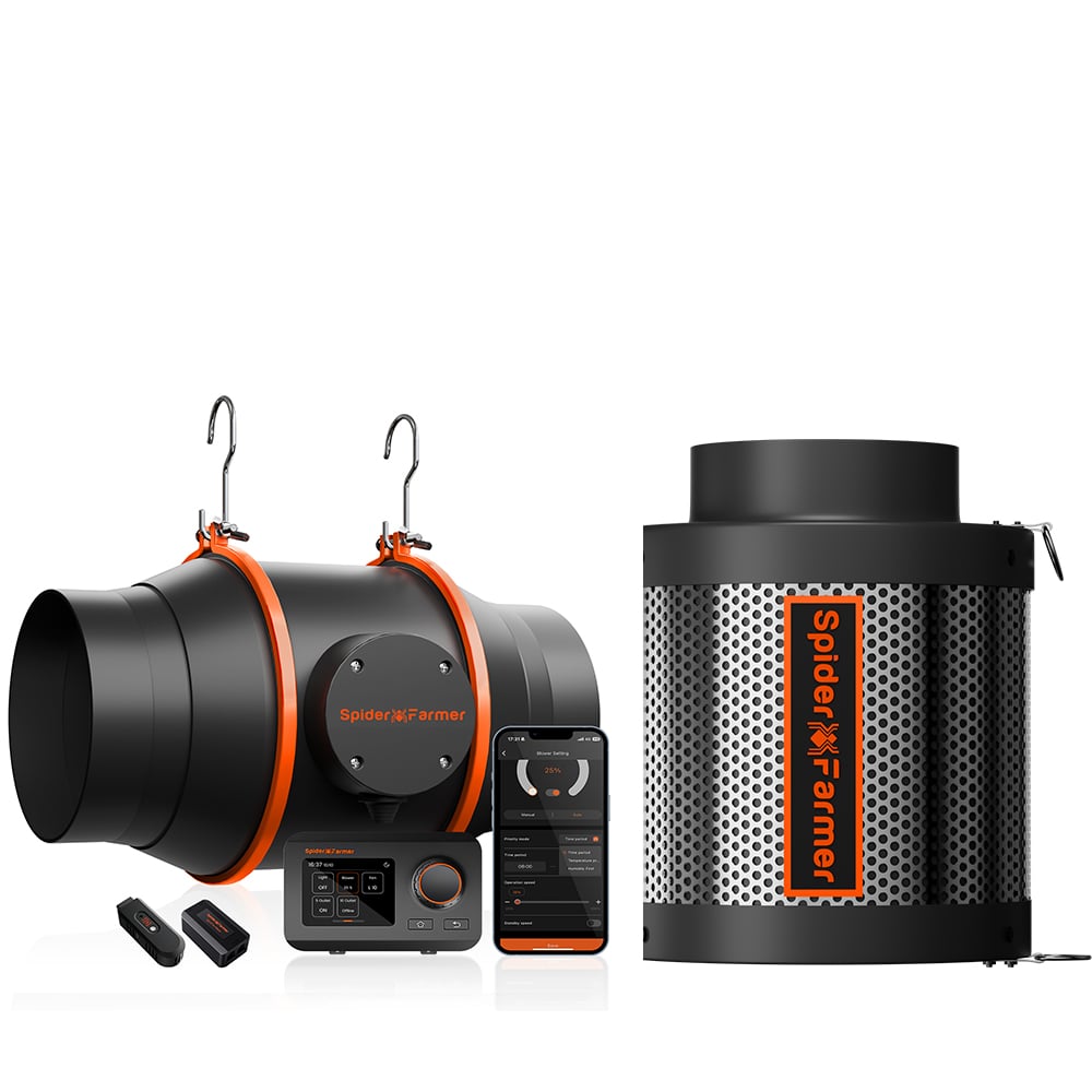 Bundle-Angebot: Spider Farmer 6-Zoll-Rohrventilator 402 CFM + 6-Zoll-Luftkohlefilter mit GGS-Controller-Kits