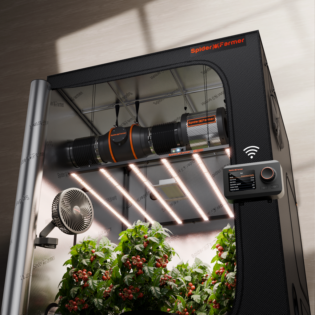 Spider Farmer® Automatisiertes Growbox-Komplettset150×150×200 cm9 PflanzenG1000W Vollspektrum-LED 6″ Clip-Ventilator6″ Belüftungssystem mit GGS-KlimacontrollerBluetooth & WLAN-App-Steuerung | Automatisierte Beleuchtung, Belüftung & Luftzirkulation