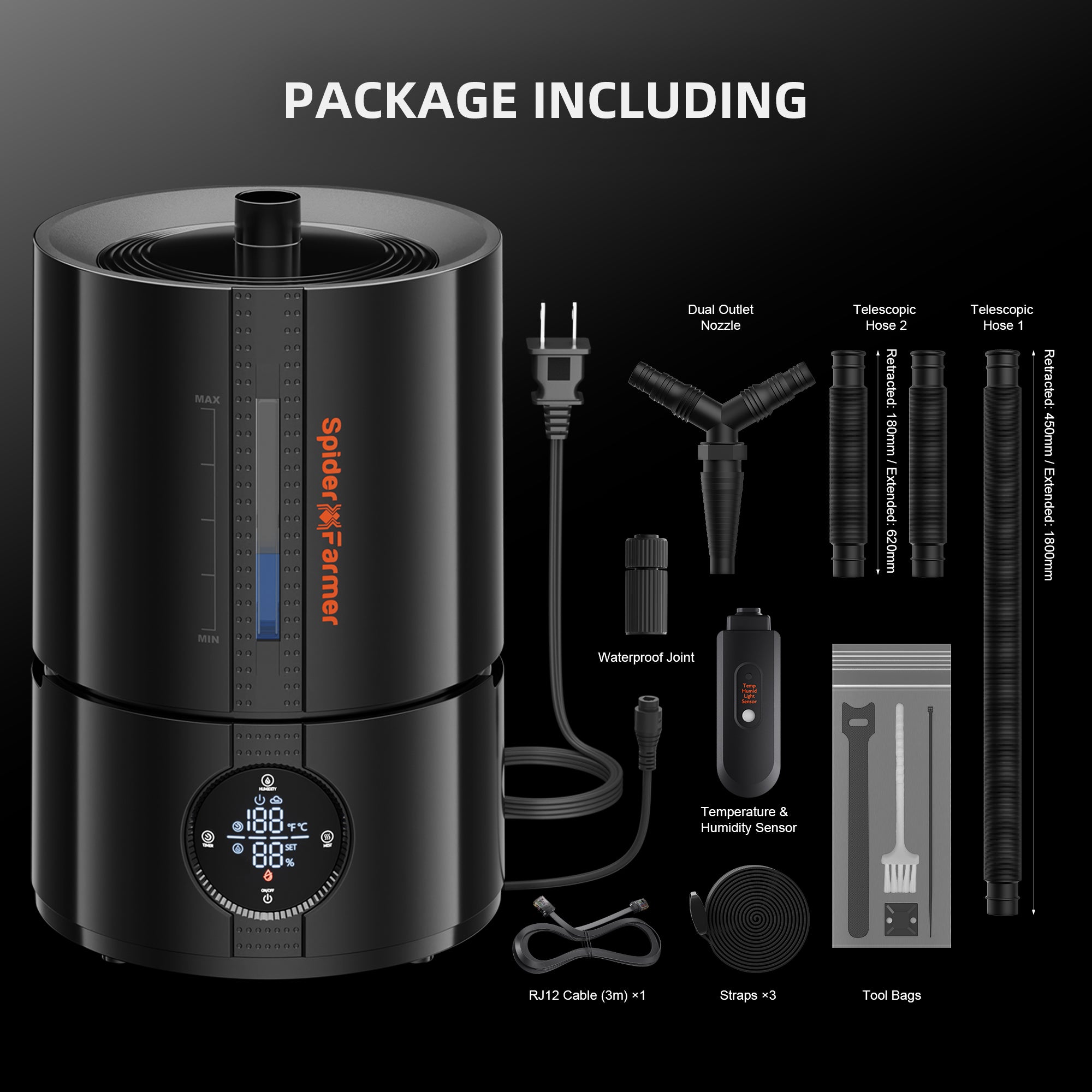 Neue Version 2025: Spider Farmer® 5L Smart Cool Mist Luftbefeuchter mit Temperatur- und Feuchtigkeitssensor, intelligenter App-Steuerung und ausziehbarem Schlauch für Pflanzen im Indoor-Anbauzelt