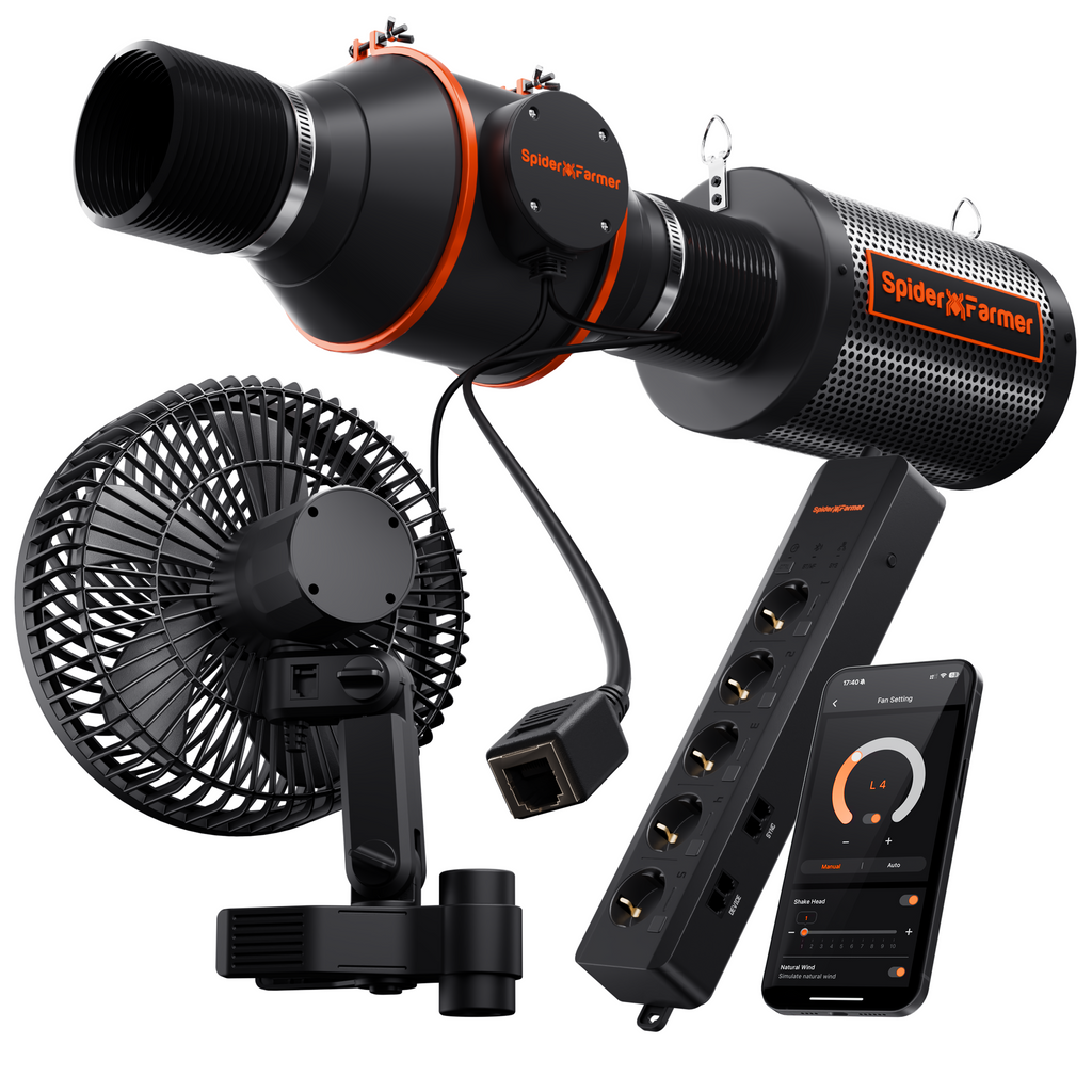 2025 Spider Farmer GGS AC5 Steckdosenleisten-Sets mit Next-Gen 6" Clip-Lüfter & 4" Inline-Lüfter (mit RJ12-Anschluss), Lüftungskanälen und Kohlefilter-Sets (Leuchte nicht enthalten)