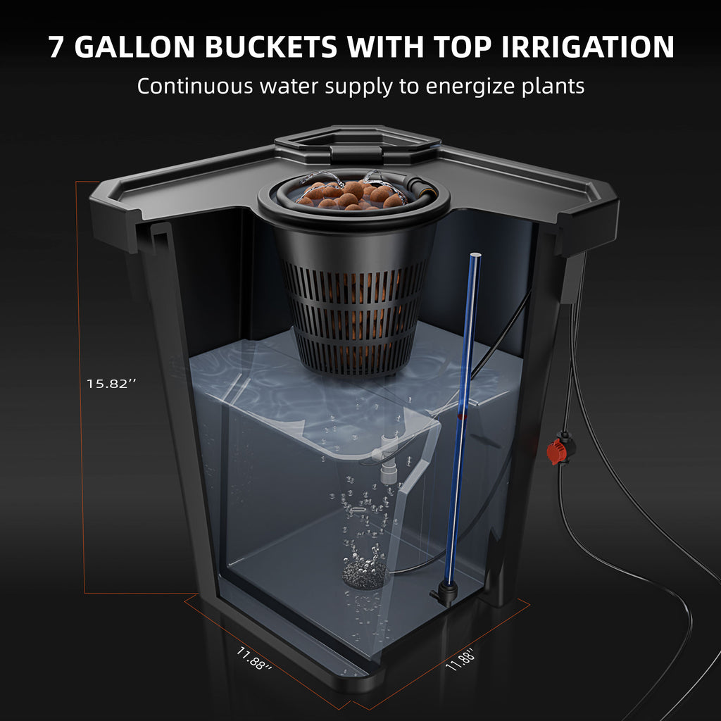 Spider Farmer DWC Hydroponik-System mit Top-Drip-Kit, 7-Gallonen-Tiefwasserkultur-System, 4-Eimer-Set und GGS AC10-Steckdosenleiste für intelligente Bewässerungssteuerung vor.
